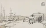 Bateaux à quai by Johan Jongkind, Crayon noir et lavis brun, sold Mar 2024