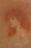 Portrait de femme à la boucle d’oreille by Lucien Lévy-Dhurmer, 1891, Sanguine et rehauts de craie blanche, sold Mar 2024