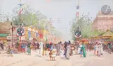 La Foire aux pains d’épices by Eugène Galien-Laloue, Gouache, sold Mar 2024