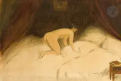 Nu au lit blanc by George Bottini, 1899, Aquarelle sur traits de crayons, sold Mar 2024