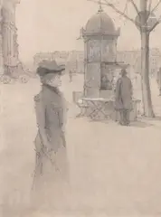 Paris, kiosque place de l’Étoile by Eugène Béjot, Crayon, estompe et craie blanche, sold Mar 2024