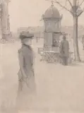 Paris, kiosque place de l’Étoile by Eugène Béjot, Crayon, estompe et craie blanche, sold Mar 2024