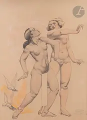 Deux femmes by Raphael Delorme, Crayon noir, aquarelle, craie blanche et crayon gras, sold Mar 2024