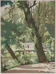 Un coin du jardin public de Bordeaux, La passerelle, grandes vacances 1942 by René Genis, 1942, Gouache sur papier, sold Sep 2019