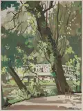 Un coin du jardin public de Bordeaux, La passerelle, grandes vacances 1942 by René Genis, 1942, Gouache sur papier, sold Sep 2019