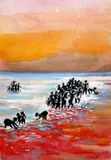 Paysage d'Afrique, femmes et enfants se baignant by Maurice Genis, Aquarelle et gouache sur papier, sold Sep 2019