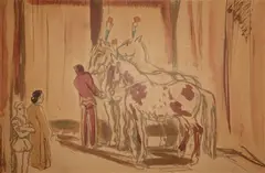 Personnages et chevaux dans un écurie by Yves Brayer, Lithographie, sold May 2019