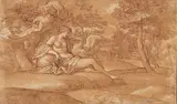 Léda et le Cygne by Michel II Corneille, Plume et encre brune, sanguine, pierre noire, lavis de sanguine, lavis brun, rehauts de go, sold Dec 2016