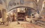 Intérieur d'une cuisine à San Cosimato by Franz Vervloet, 1837, Aquarelle signée en bas à droite et datée, sold Oct 2016