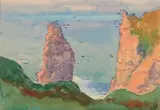Les mouettes, vue plongeante sur l'Aiguille d'Étretat by Jean Francis Auburtin, 1898, Aquarelle gouachée, sold Oct 2016