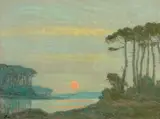 Les Landes, soleil rose sur un lac by Jean Francis Auburtin, Gouache sur traits de crayon, sold Oct 2016