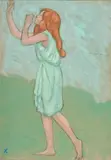 Danseuse en tunique turquoise by Jean Francis Auburtin, Gouache sur traits de crayon, un monogramme en bas à gauche et annotée vers le milieu à dr, sold Oct 2016