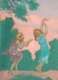 Faunesse et danseuse, fond rose by Jean Francis Auburtin, Gouache sur traits de crayon, un monogramme vers le bas à gauche, sold Oct 2016