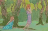 Deux jeunes filles à l'ombre des chênes by Jean Francis Auburtin, Gouache sur traits de crayon, un monogramme en bas à gauche, sold Oct 2016