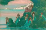 Petites sirènes devant les falaises by Jean Francis Auburtin, Gouache sur traits de crayon rehaussés de pastel, un monogramme vers le bas à droite, sold Oct 2016
