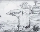 Paysage animé aux baobabs by André Maire, Fusain, estompe et rehauts de gouache, sold Mar 2016