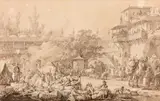 Le caravansérail by Jean Baptiste Hilaire, Plume et encre noire, lavis brun sur traits de crayon noir, sold Mar 2022