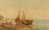 Barques et pêcheurs sur la grève by Émile Henry, Aquarelle, sold Nov 2023