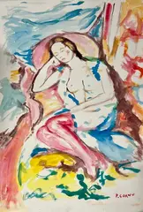 Jeune femme alanguie by Pierre Cornu, Aquarelle sur papier Arches, sold Nov 2023