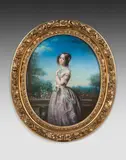 Portrait de femme en extérieur by Félix François Barthélémy Genaille, Pastel ovale, sold Mar 2022