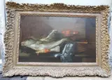 Poissons, couteau et instruments de cuisine by Isaac van Duynen, Panneau de chêne, deux planches, non parqueté, sold Mar 2016