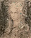 Portrait de jeune fille avec fleurs by Ernest Hébert, Fusain, pastel sur papier beige, sold Apr 2022