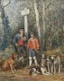 Piqueux, maître d'équipage et leurs chiens by Charles Olivier de Penne, Aquarelle gouachée signée en bas à gauche, sold Jun 2018
