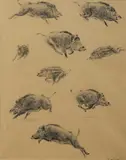 Sangliers et marcassins by Édouard Paul Mérite, Technique mixte (Crayons et rehauts d'aquarelle) signé en bas à droite, sold Jun 2018
