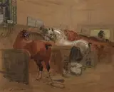 Chevaux au box by Pierre Olivier Dubaut, Aquarelle gouachée signée en bas à gauche, sold Jun 2018
