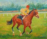 Yves Saint-Martin au trot by Serge Mendjinky, Toile signée en bas à droite, sold Jun 2018