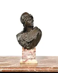 Athéna en buste, le casque lauré by Alfred-Ernest Carrier Belleuse, Bronze patiné, sold Dec 2024