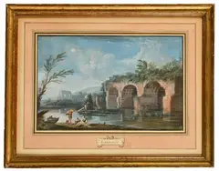 Personnages aux ruines antiques by Jean-Baptiste Lallemand, Gouache signée en bas au milieu, encadrée sous verre, sold Dec 2024