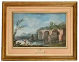 Personnages aux ruines antiques by Jean-Baptiste Lallemand, Gouache signée en bas au milieu, encadrée sous verre, sold Dec 2024