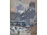 Impressionistische Stadtansicht mit Kirchturm im Winter by Lewis Herzog, oil on canvas, offered Dec 2023