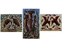 Vögel mit Fischen, Vögel, Frauen mit Körben auf dem Kopf by Kibwanga Mwenze, oil on canvas, sold Dec 2016