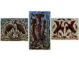 Vögel mit Fischen, Vögel, Frauen mit Körben auf dem Kopf by Kibwanga Mwenze, oil on canvas, sold Dec 2016