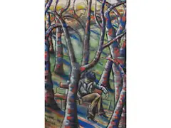 Schlafender Mann auf Parkbank by Hugo Scheiber, mixed media, sold Mar 2025