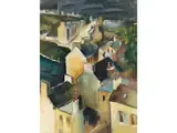 Stadtansicht mit Hafenanlage Unter Gewitterhimmel by Annot Jacobi, watercolor, offered Dec 2024