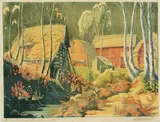 Homestead at Revelstoke by Margaret Dorothy Shelton, 1974, colour woodcut on paper, sold Oct 2021