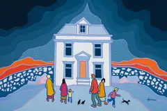 House on the Hill by Ted Harrison, 1990, acrylic on canvas, sold Sep 2021