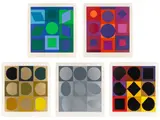 Ezust“ / „Topaze“ / „Granat“ / „Arany“ / „Zaphir by Victor Vasarely, 1966, 5 Farbserigrafien, jeweils auf weißem Karton, sold Mar 2024