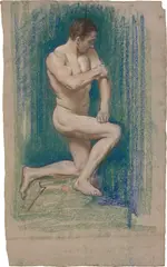 Knieender, männlicher Akt by Osmar Schindler, Farbige und schwarze Kreide auf altrosafarbenem Papier, sold Jun 2025