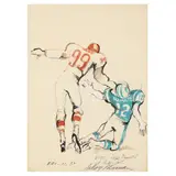 Ladd helps Namath to his feet by LeRoy Neiman, Black and brown ink with watercolor gouache on paper, sold Jul 2024
