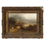 Cliffside Landscape with Figures by Max Sinclair, Oil on canvas laid on board, sold Jul 2024