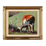 Calf and Cow by Linda Cheek, Oil on board, sold Jun 2024