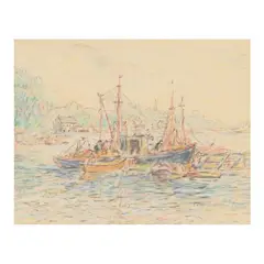 Fishing Boats, Annisquam by Reynolds Beal, Graphite and crayon on buff paper board, sold Jun 2024