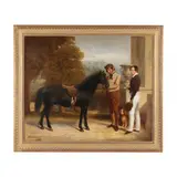 Portrait of a Boy with his Pony, a Groom and a Spaniel Outside a House by Robert Frain, Oil on canvas (lined), sold Jun 2024
