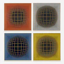 Four works from the B-Bomb-b portfolio by Victor Vasarely, 1974, screenprint in colors, sold Aug 2026