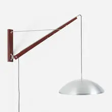 Wall lamp by attribution Gino Sarfatti, c. 1960, aluminum, rosewood, plastic, stainless steel, sold Oct 2022