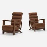 Rare lounge chairs, pair by Francisque Chaleyssin, c. 1935, oak, suede, sold Oct 2022